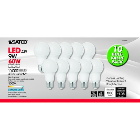 SATCO . A19 E26 (Medium) LED Bulb Natural Light 60 Watt Equivalence 10 pk S11401